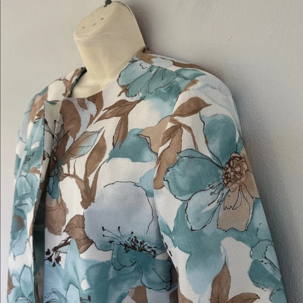 Vintage Alfred Dunner blue tan floral print drape style blazer jacket size 8